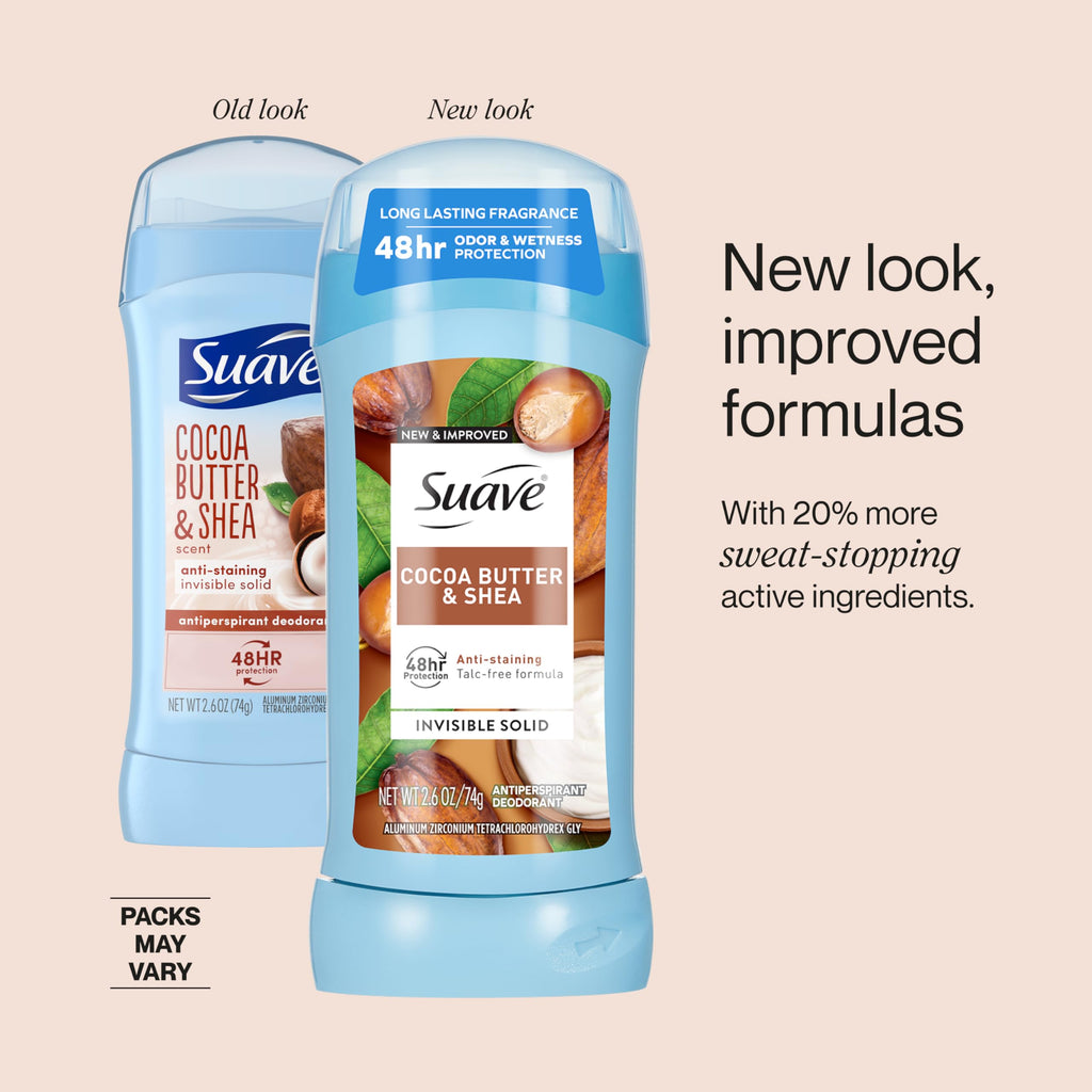 Suave Cocoa Butter & Shea Invisible Antiperspirant Deodorant for Women, 48-Hour Protection, 2.6 oz, 12-Pack