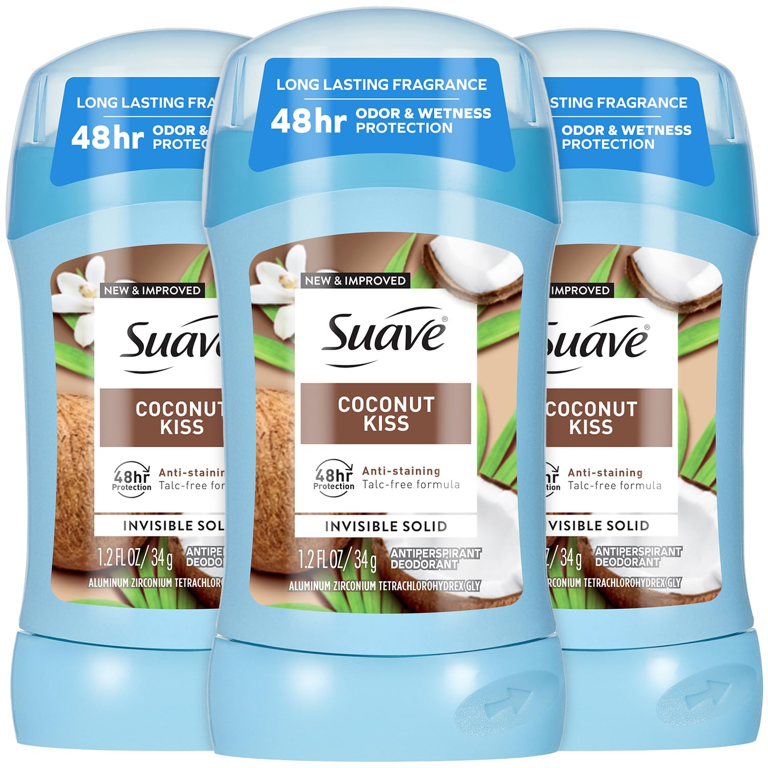 Suave Coconut Kiss 3-Pack Antiperspirant Deodorant for Women – Invisible, Talc-Free, 48H Protection