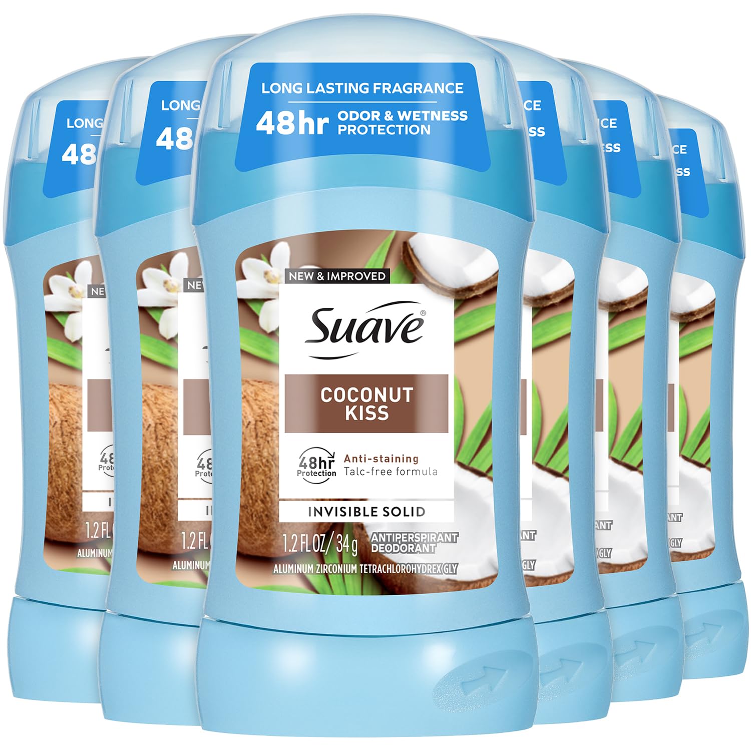 Suave Coconut Kiss Antiperspirant Deodorant for Women – 6-Pack, Invisible Solid, Talc-Free