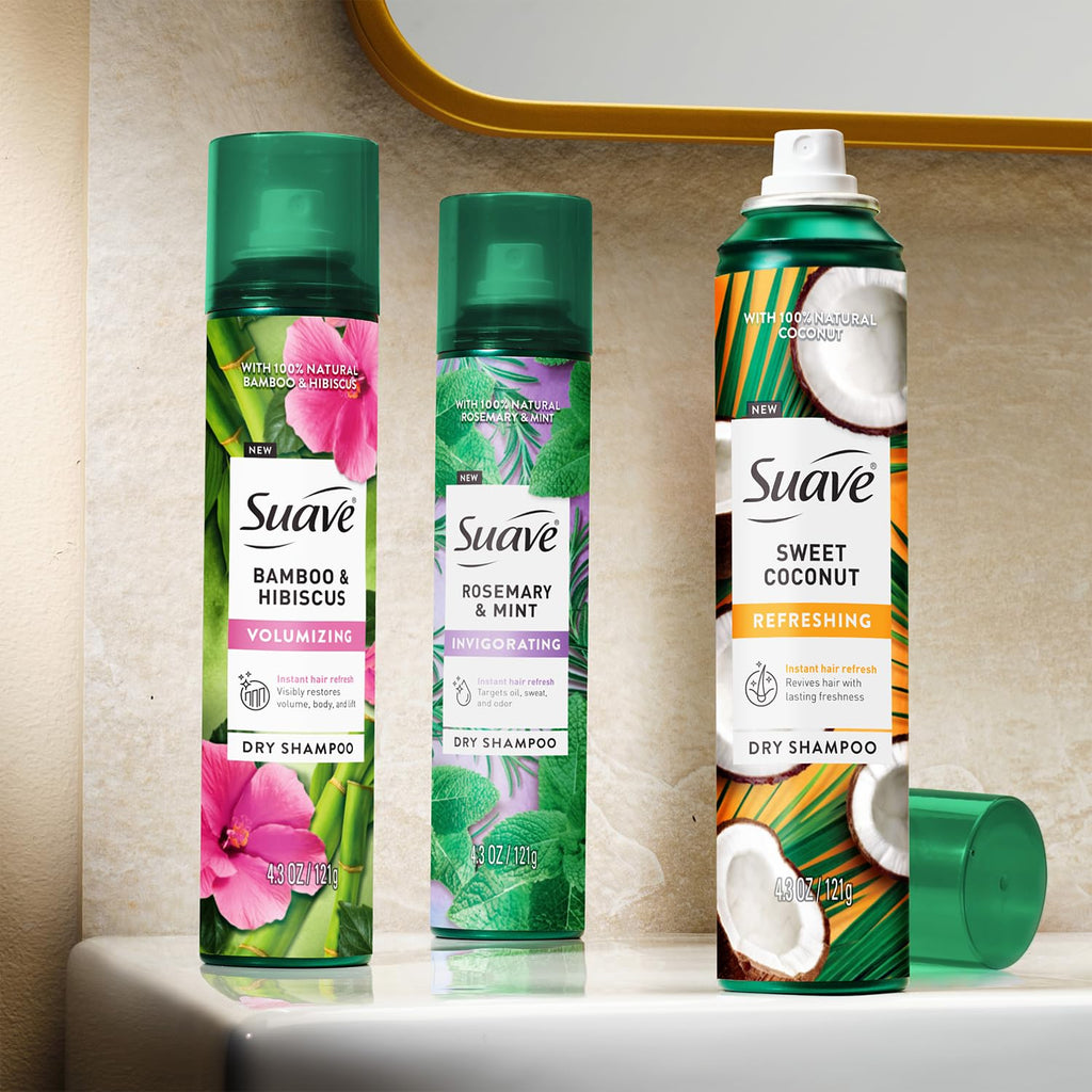 Suave Dry Shampoo Spray Variety 3-Pack – Rosemary & Mint, Bamboo & Hibiscus, Sweet Coconut (4.3 oz each)
