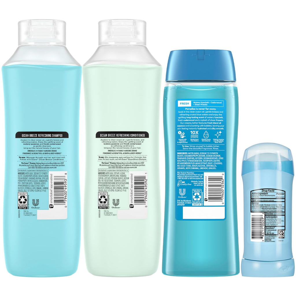 Suave Ocean Breeze 5-Piece Set — Body Wash 2-Pack, Shampoo & Conditioner, Deodorant for Women