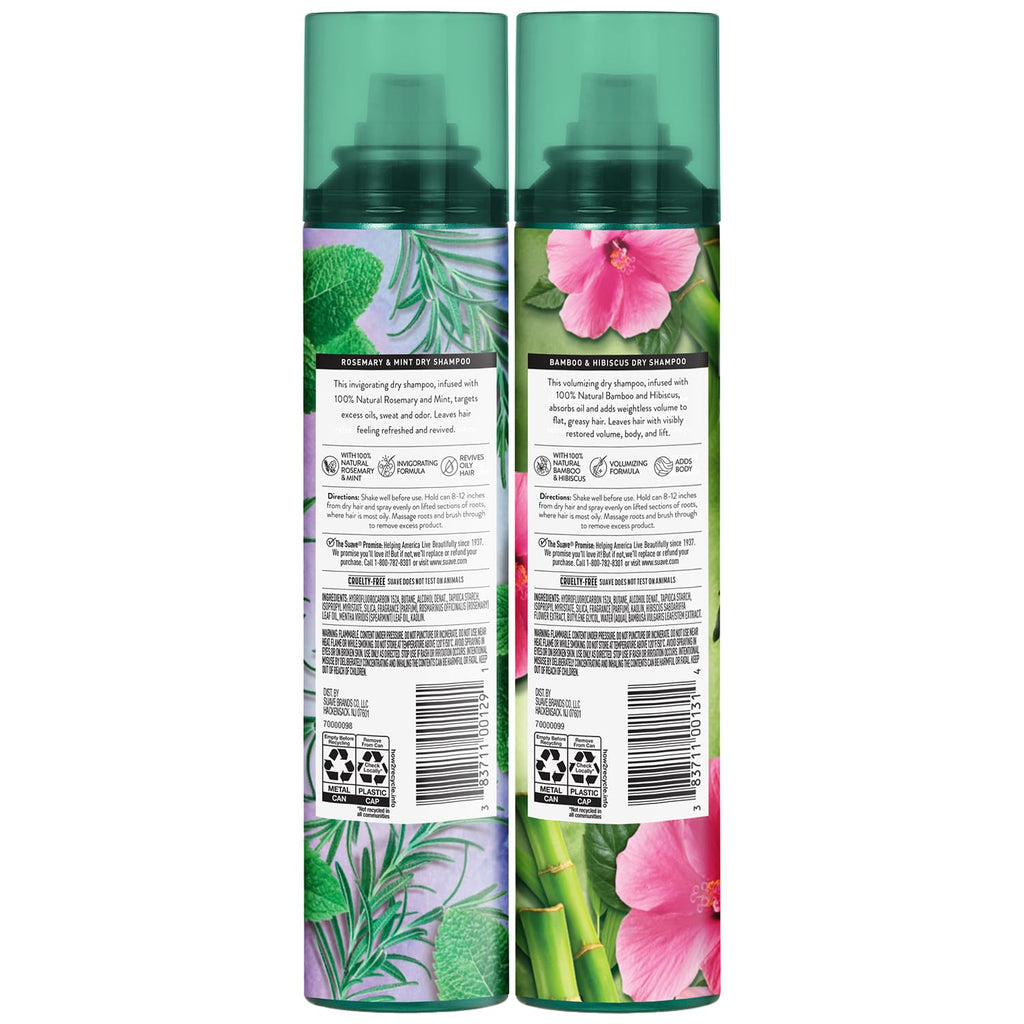 Suave Dry Shampoo Spray Variety 2-Pack – Invigorating Rosemary & Mint + Volumizing Bamboo & Hibiscus, 4.3 oz ea