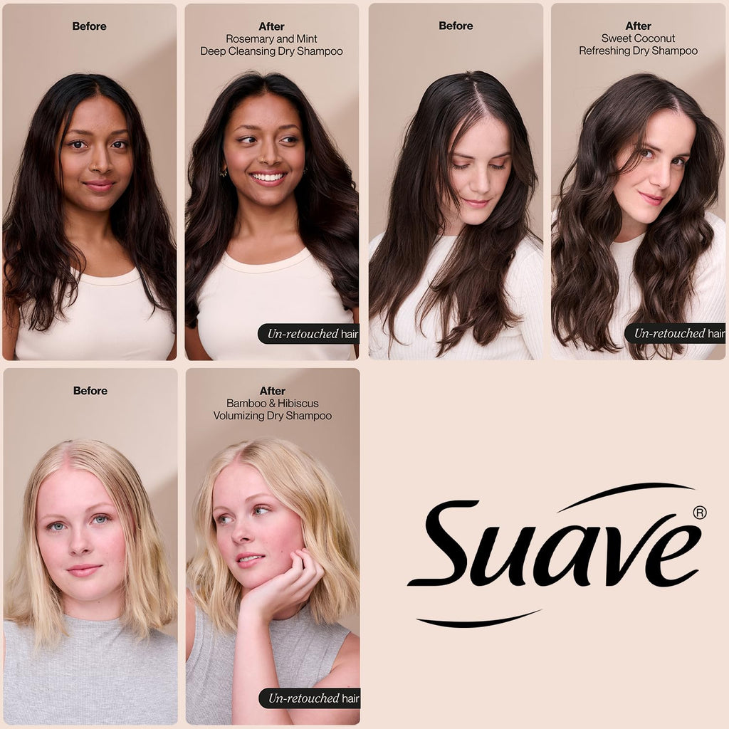 Suave Dry Shampoo Spray Variety 3-Pack – Rosemary & Mint, Bamboo & Hibiscus, Sweet Coconut (4.3 oz each)