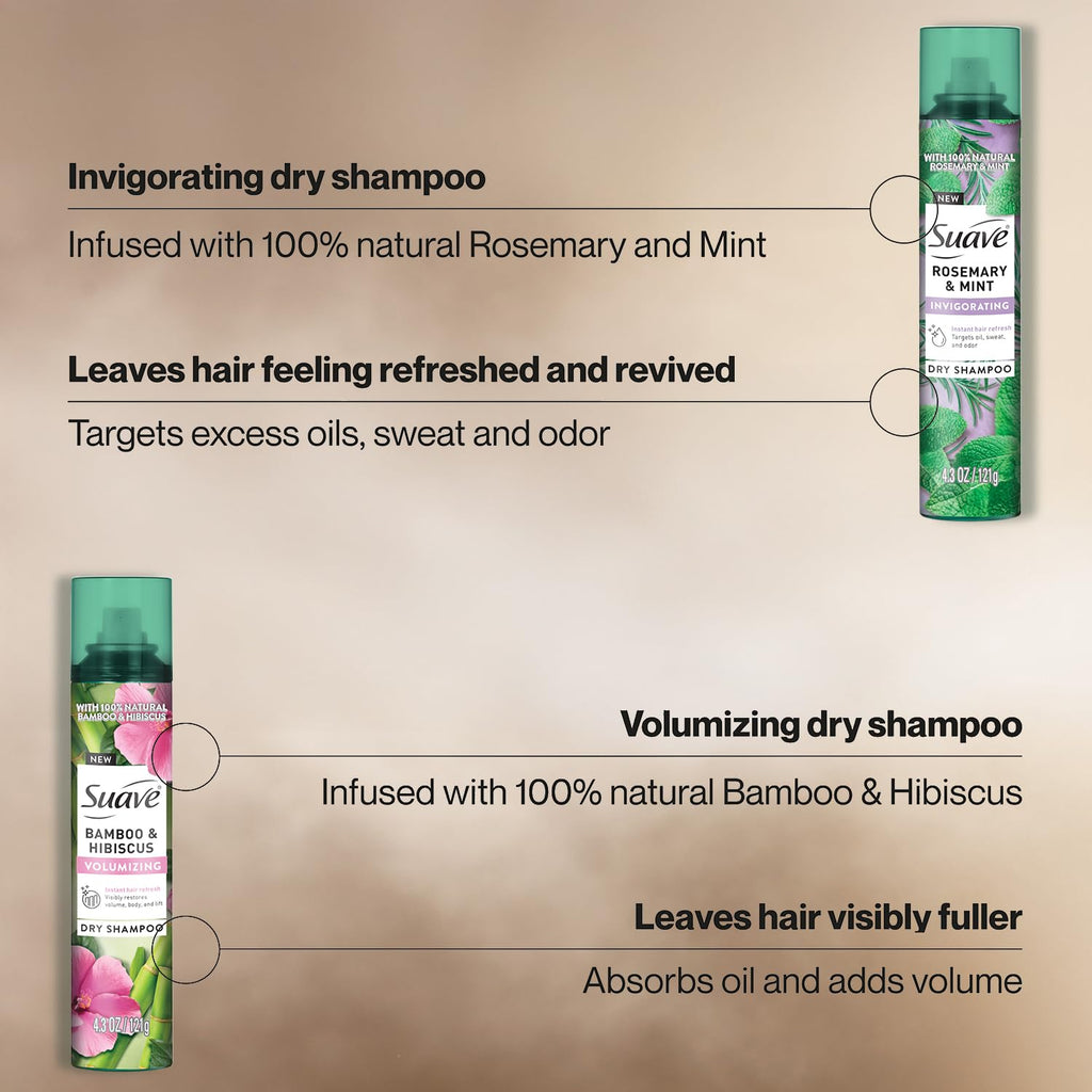 Suave Dry Shampoo Spray Variety 2-Pack – Invigorating Rosemary & Mint + Volumizing Bamboo & Hibiscus, 4.3 oz ea