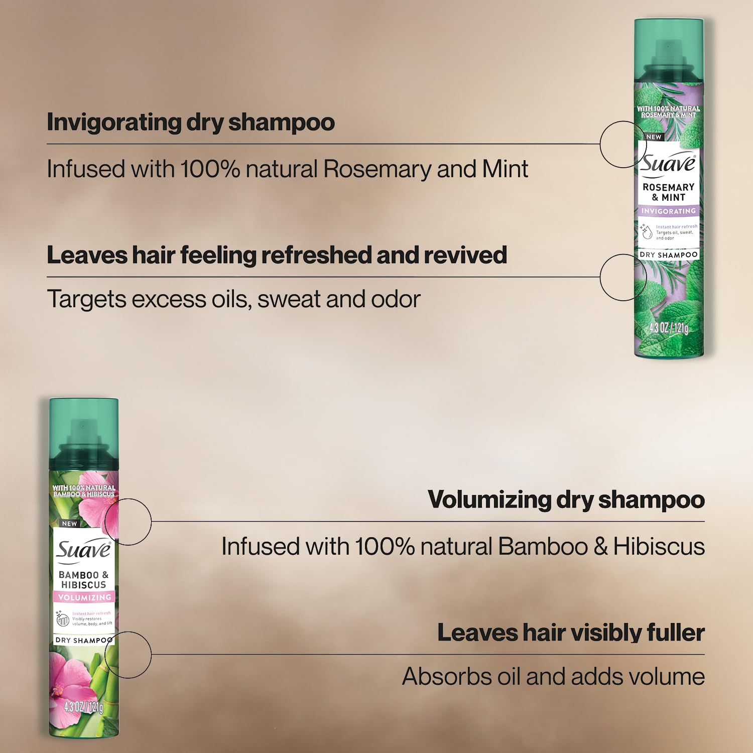 Suave Dry Shampoo Spray Variety 2-Pack – Invigorating Rosemary & Mint + Volumizing Bamboo & Hibiscus, 4.3 oz ea
