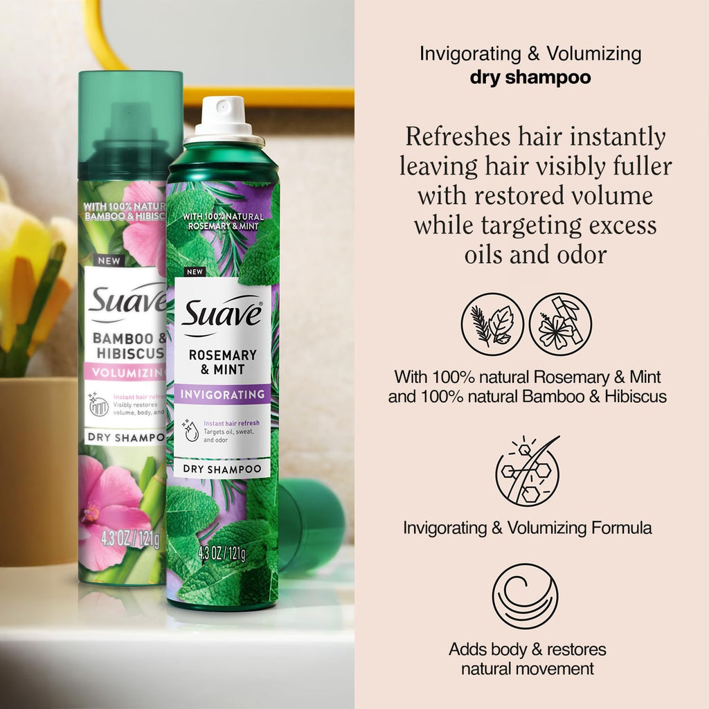 Suave Dry Shampoo Spray Variety 2-Pack – Invigorating Rosemary & Mint + Volumizing Bamboo & Hibiscus, 4.3 oz ea