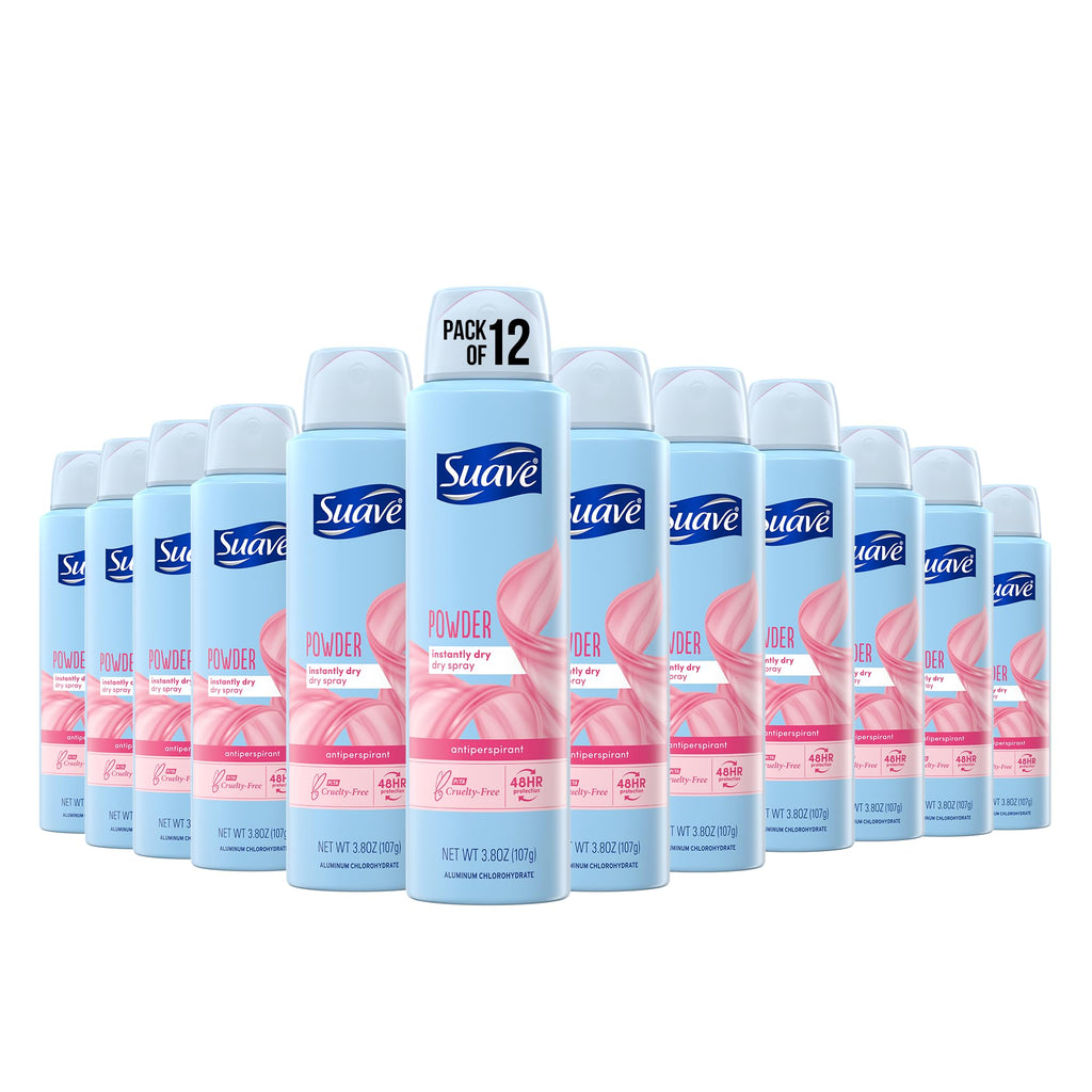 Suave Dry Spray Antiperspirant Deodorant – Powder Fresh, 48h Protection, 3.8 oz (12 ct)
