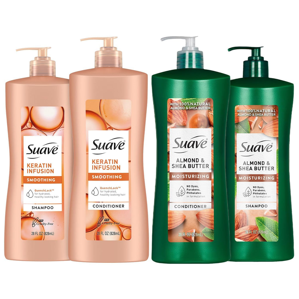 Suave Keratin Infusion + Almond & Shea Butter Shampoo & Conditioner Set – Frizz Control, 28 oz Each (4-Piece)