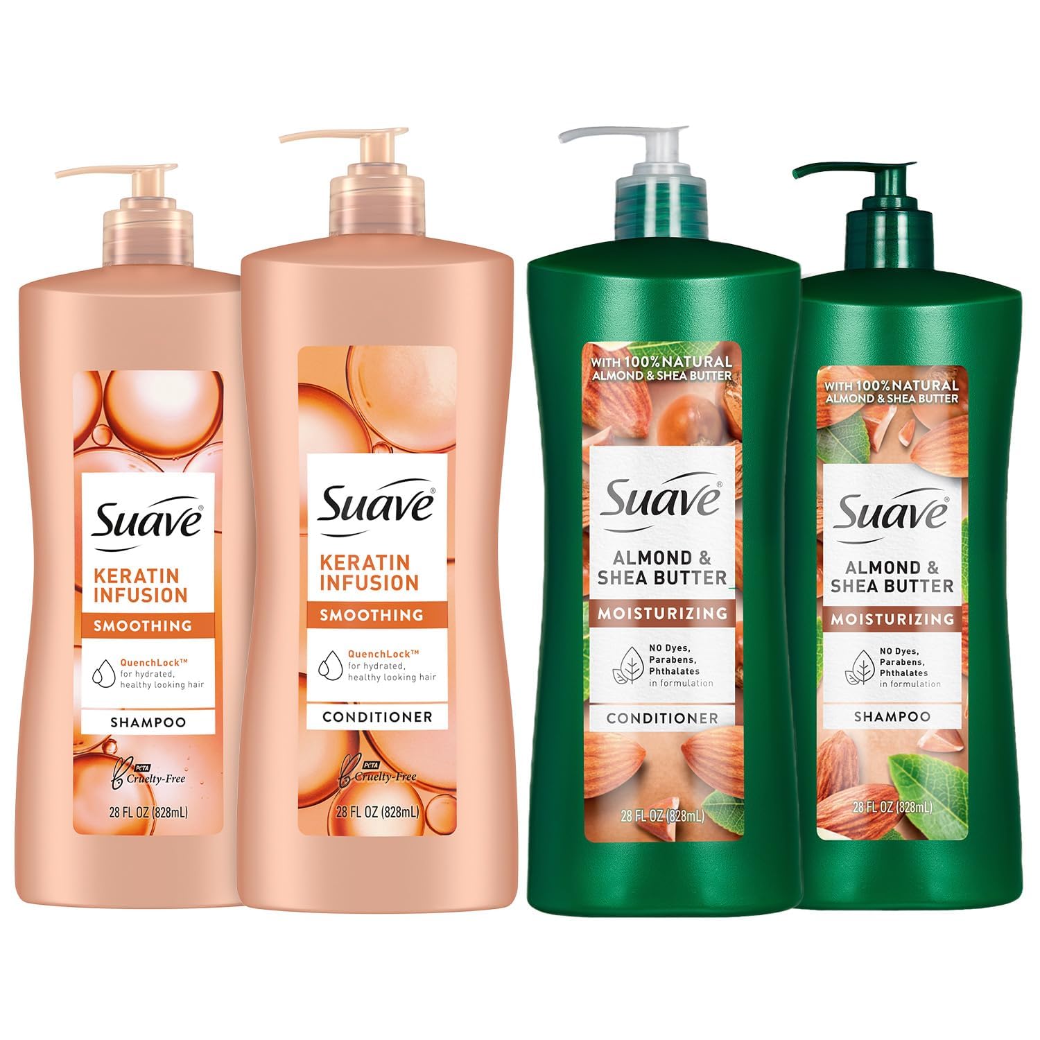 Suave Keratin Infusion + Almond & Shea Butter Shampoo & Conditioner Set – Frizz Control, 28 oz Each (4-Piece)