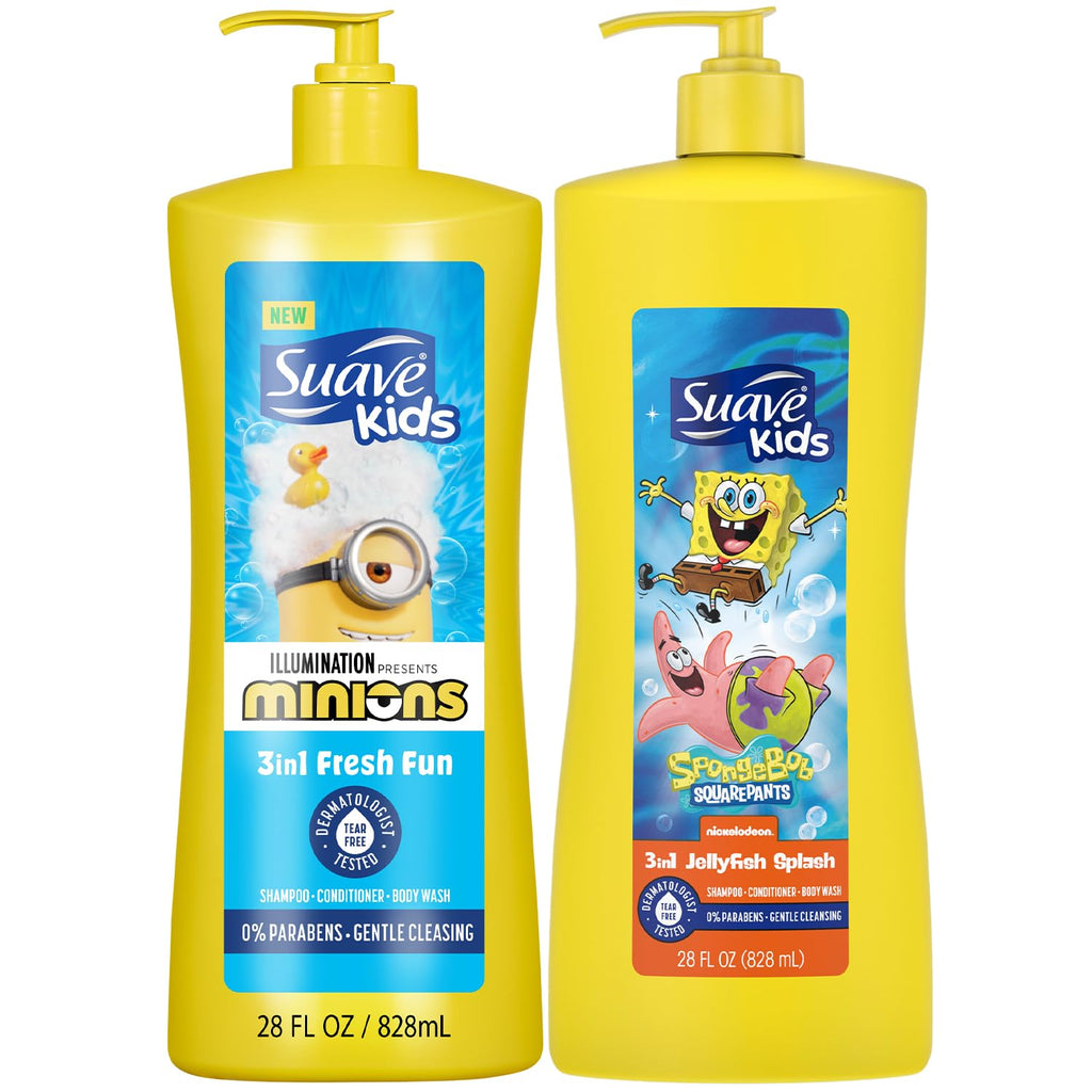 Suave Kids 3-in-1 Variety 2-Pack – Minions Fresh Fun & SpongeBob JellyFish Splash, Tear-Free, 28 oz Each
