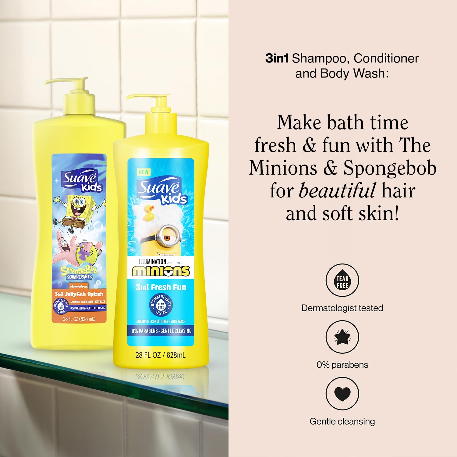 Suave Kids 3-in-1 Variety 2-Pack – Minions Fresh Fun & SpongeBob JellyFish Splash, Tear-Free, 28 oz Each