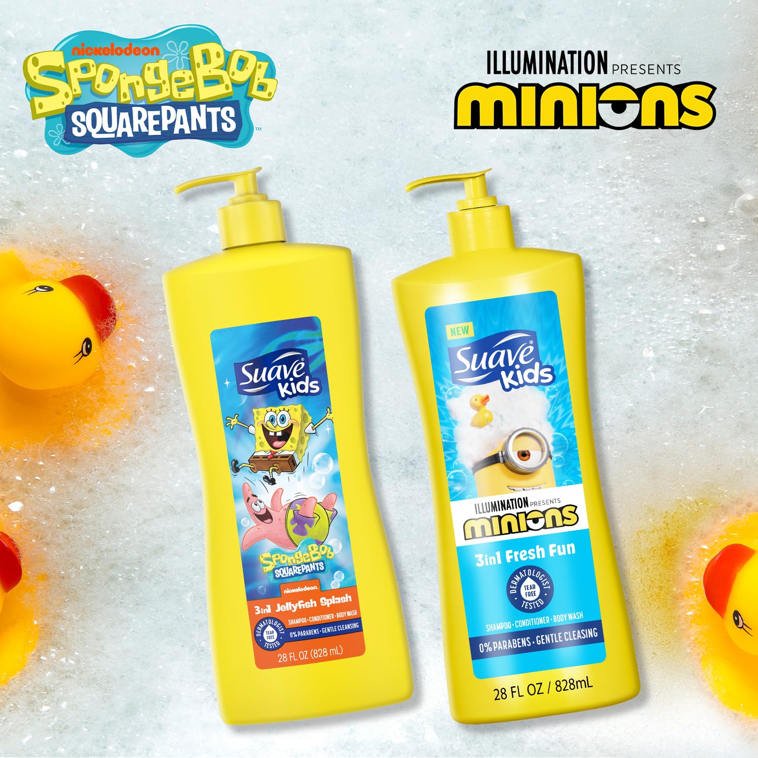 Suave Kids 3-in-1 Variety 2-Pack – Minions Fresh Fun & SpongeBob JellyFish Splash, Tear-Free, 28 oz Each