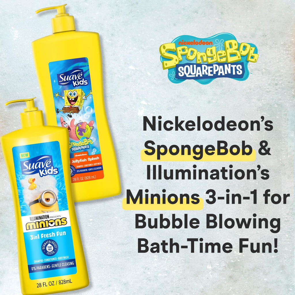 Suave Kids 3-in-1 Variety 2-Pack – Minions Fresh Fun & SpongeBob JellyFish Splash, Tear-Free, 28 oz Each