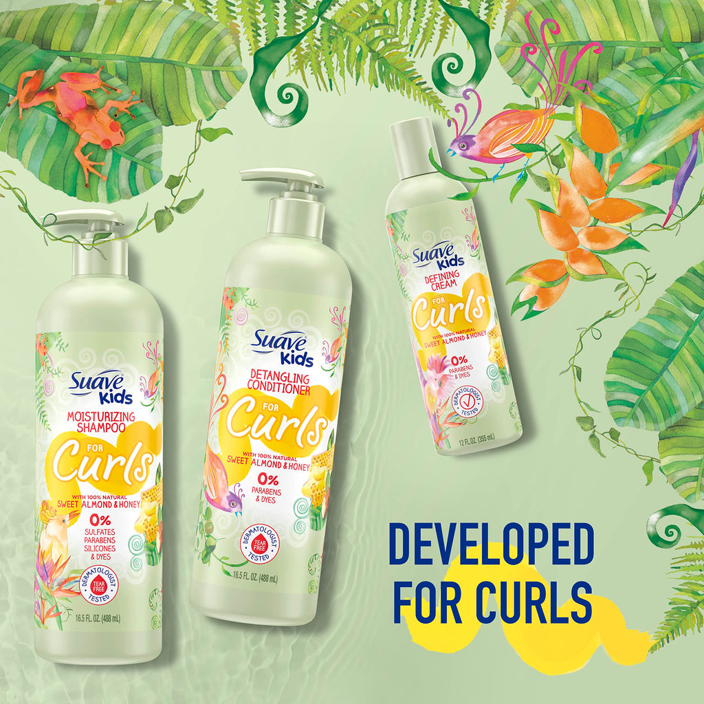 Suave Kids Shampoo & Conditioner for Curls – Sweet Almond & Honey (2-Pack) + Detangler Spray