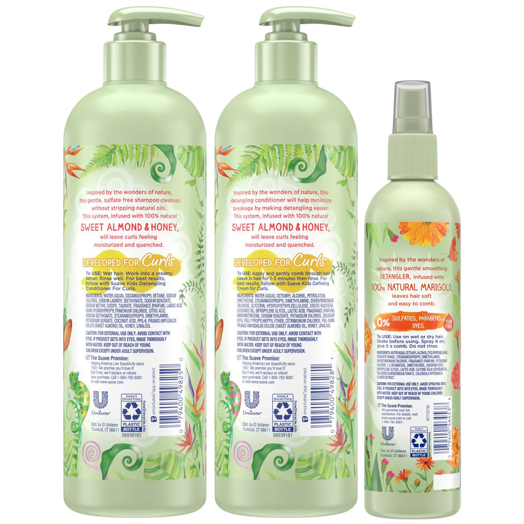 Suave Kids Shampoo & Conditioner for Curls – Sweet Almond & Honey (2-Pack) + Detangler Spray