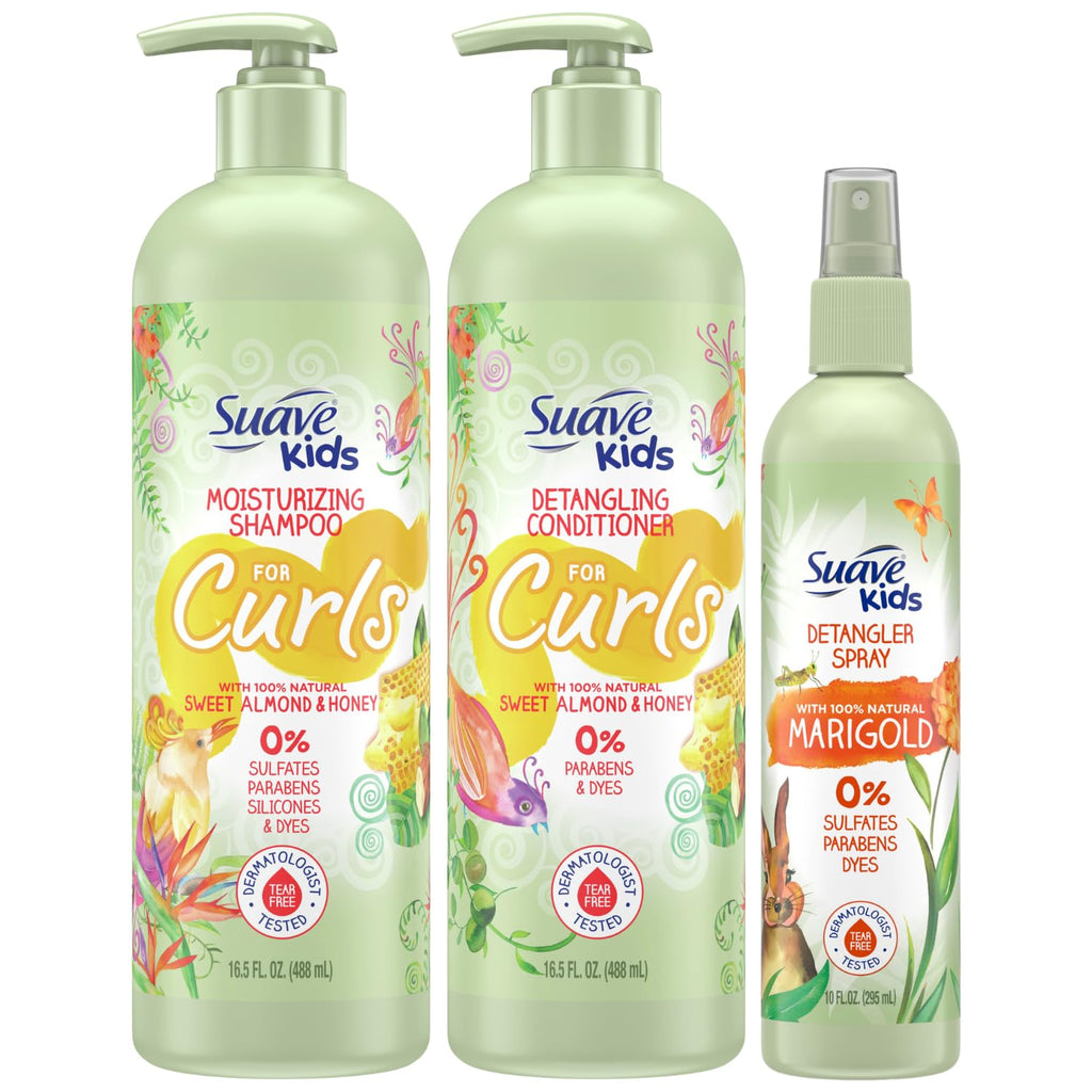 Suave Kids Shampoo & Conditioner for Curls – Sweet Almond & Honey (2-Pack) + Detangler Spray