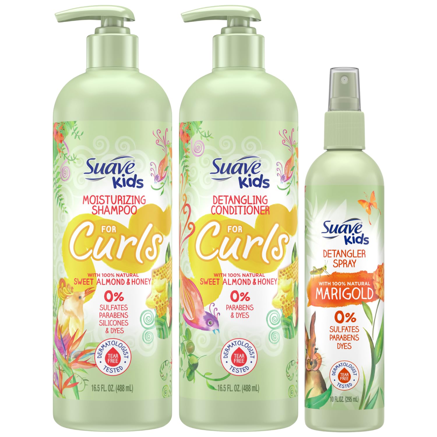 Suave Kids Shampoo & Conditioner for Curls – Sweet Almond & Honey (2-Pack) + Detangler Spray