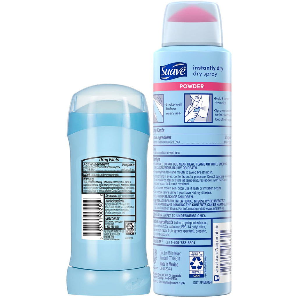 Suave Powder Deodorant Sticks 2-Pack + Dry Spray for Women – 48H Sweat & Odor Protection, Anti-Staining, Talc-Free