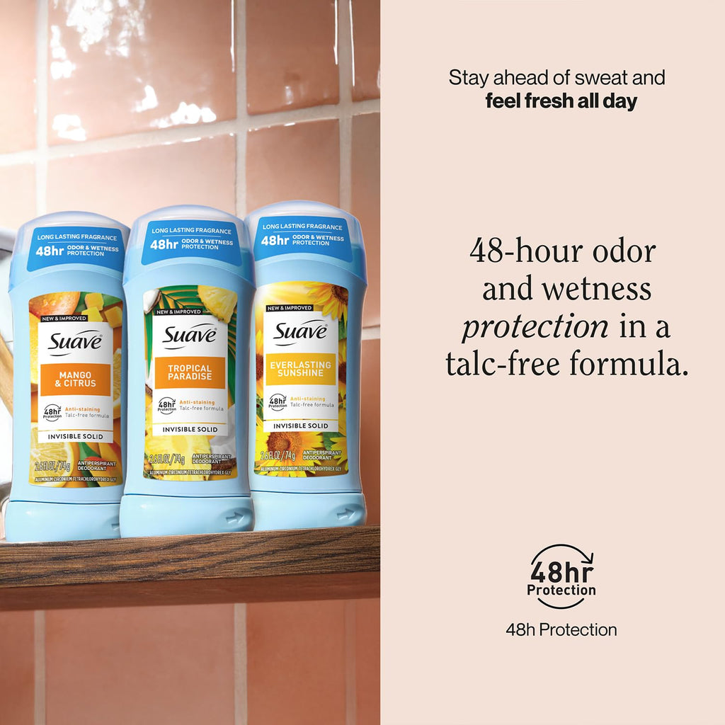 Suave Antiperspirant Deodorant 3-Pack – Tropical Paradise, Mango & Citrus, Everlasting Sunshine
