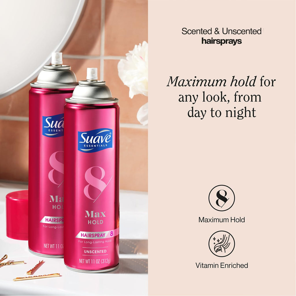 Suave+ Max Hold Hairspray Bundle — Scented & Unscented, 11 oz Each (4-Piece Set) | Cruelty-Free