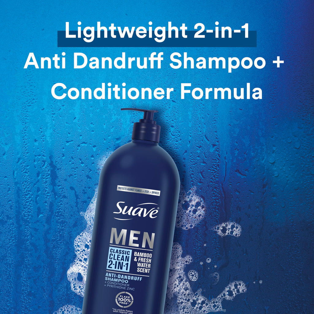 Suave Men 2 in 1 Anti Dandruff Shampoo & Conditioner – Classic Clean, Bamboo Scent, 3 x 40 oz