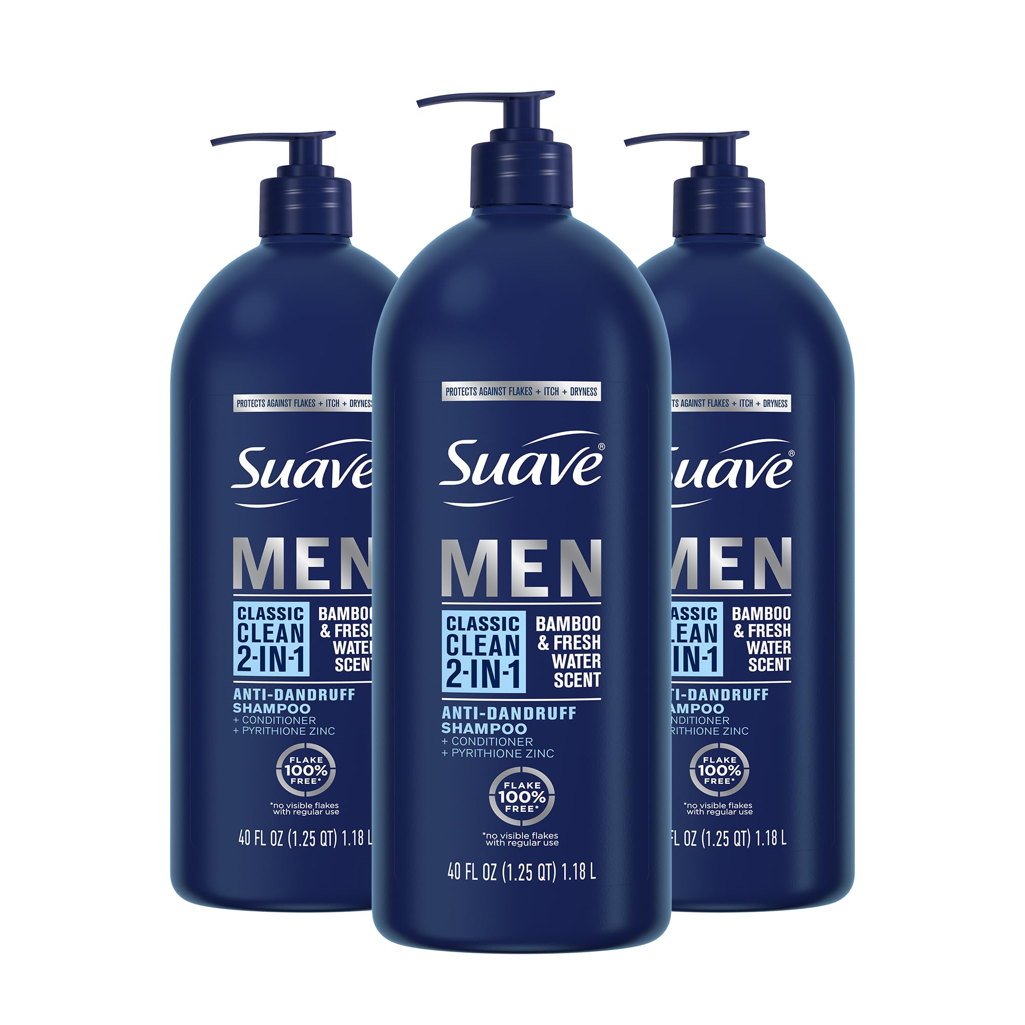 Suave Men 2 in 1 Anti Dandruff Shampoo & Conditioner – Classic Clean, Bamboo Scent, 3 x 40 oz