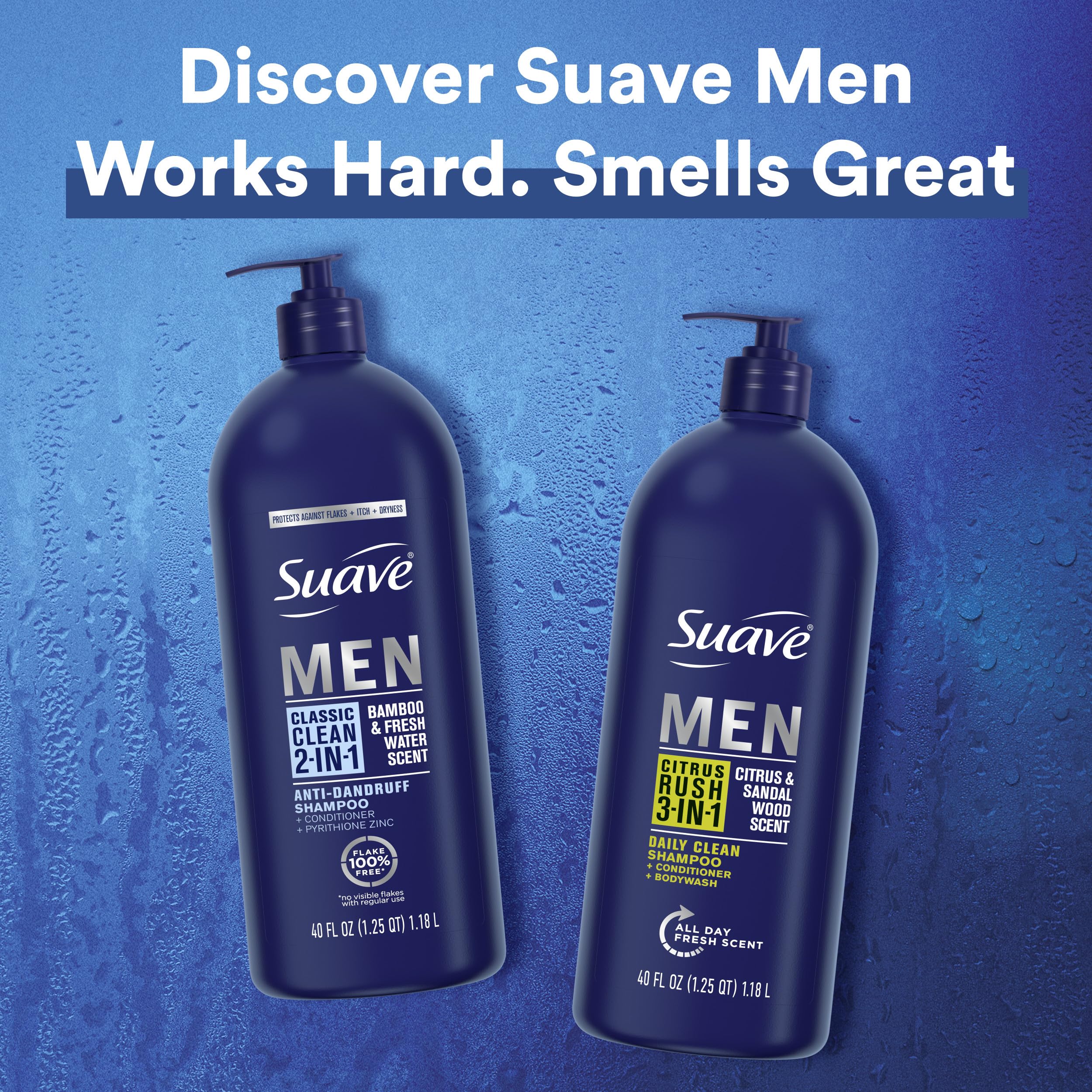 Suave Men 2 in 1 Anti Dandruff Shampoo & Conditioner – Classic Clean, Bamboo Scent, 3 x 40 oz