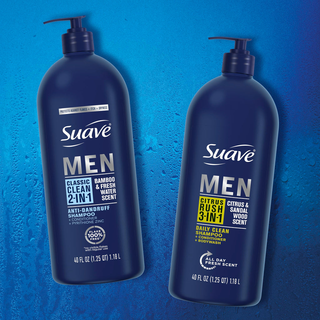 Suave Men 2 in 1 Anti Dandruff Shampoo & Conditioner – Classic Clean, Bamboo Scent, 3 x 40 oz