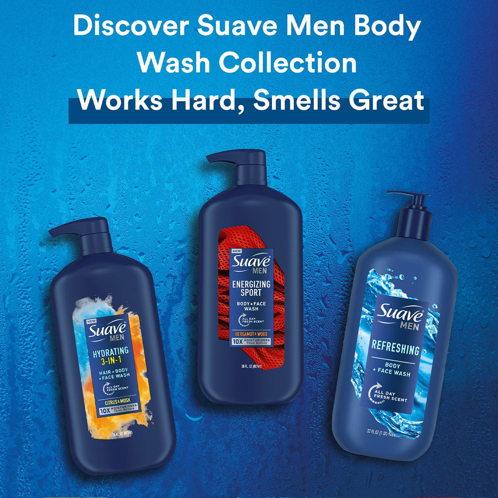 Suave Men 3-Pack: Energizing Sport, Refreshing Body + Face Wash, Hydrating 3-in-1 Hair + Body + Face Wash – 30 oz Each