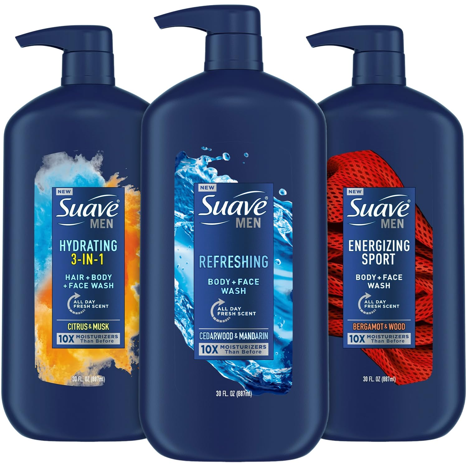 Suave Men 3-Pack: Energizing Sport, Refreshing Body + Face Wash, Hydrating 3-in-1 Hair + Body + Face Wash – 30 oz Each