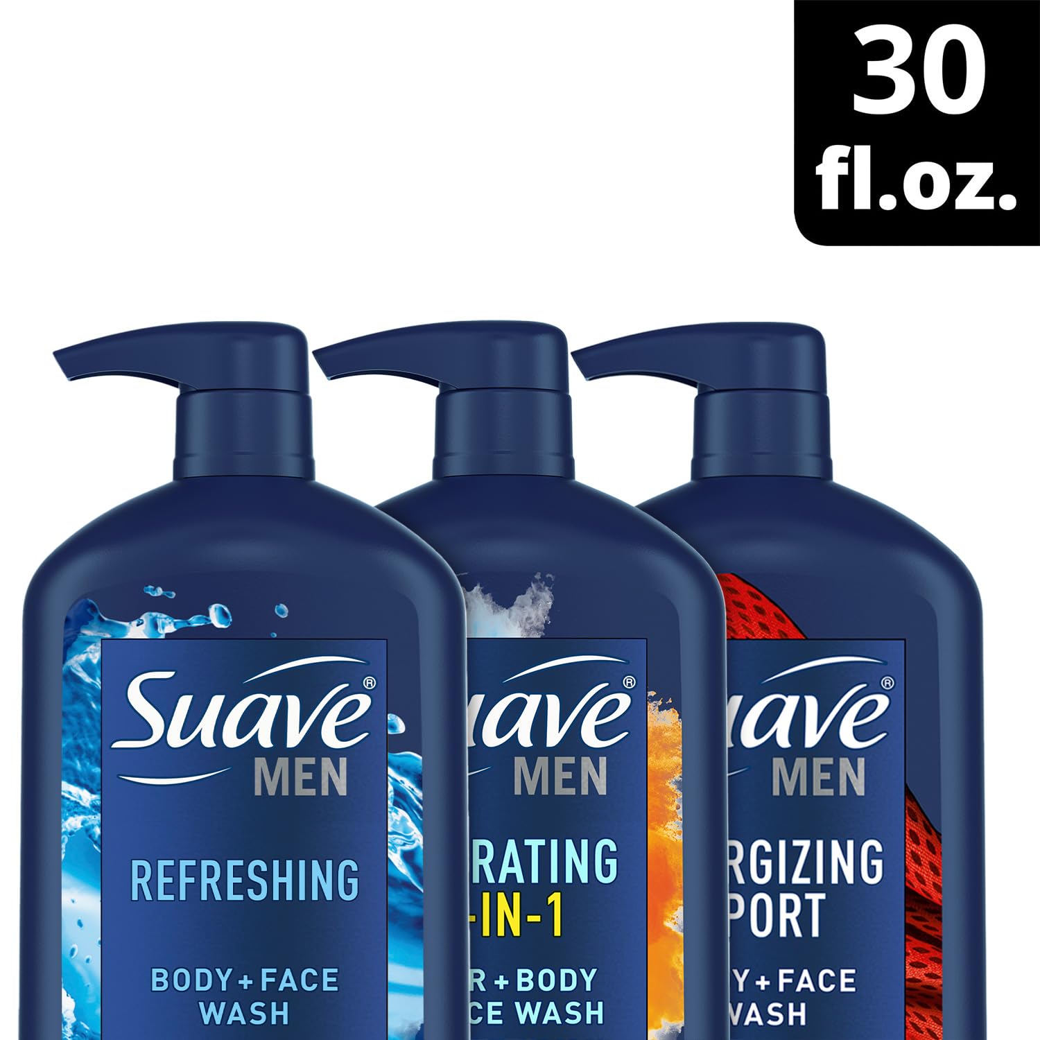 Suave Men 3-Pack: Energizing Sport, Refreshing Body + Face Wash, Hydrating 3-in-1 Hair + Body + Face Wash – 30 oz Each
