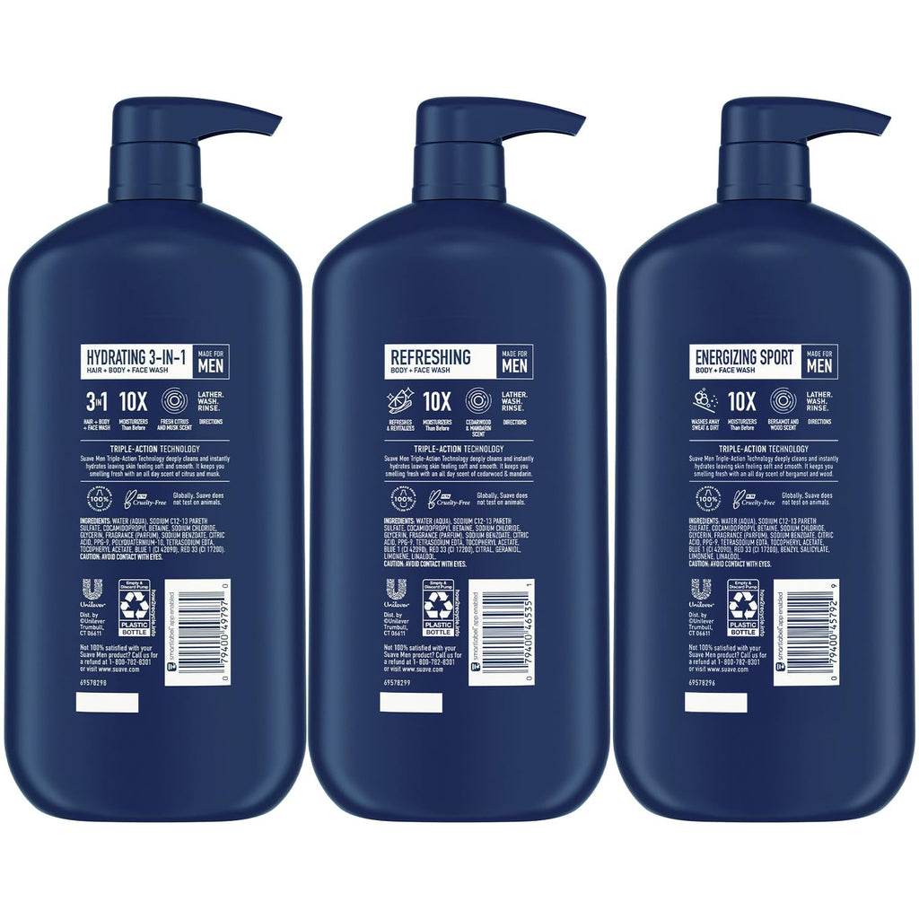 Suave Men 3-Pack: Energizing Sport, Refreshing Body + Face Wash, Hydrating 3-in-1 Hair + Body + Face Wash – 30 oz Each