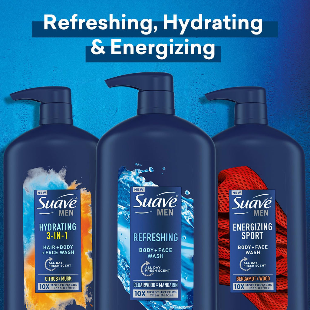 Suave Men 3-Pack: Energizing Sport, Refreshing Body + Face Wash, Hydrating 3-in-1 Hair + Body + Face Wash – 30 oz Each