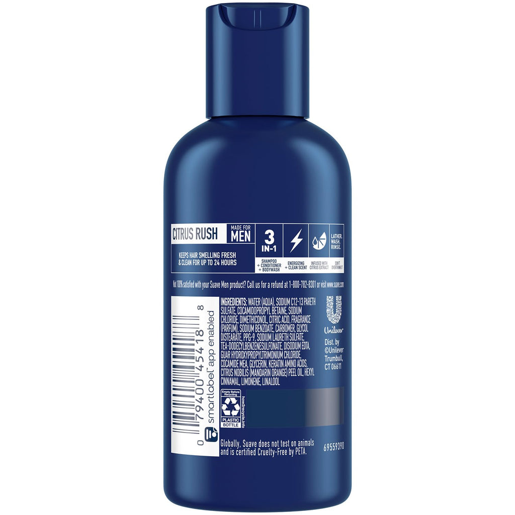 Suave Men 3-in-1 Shampoo, Conditioner & Body Wash – Travel-Size Citrus Rush (6-Pack)