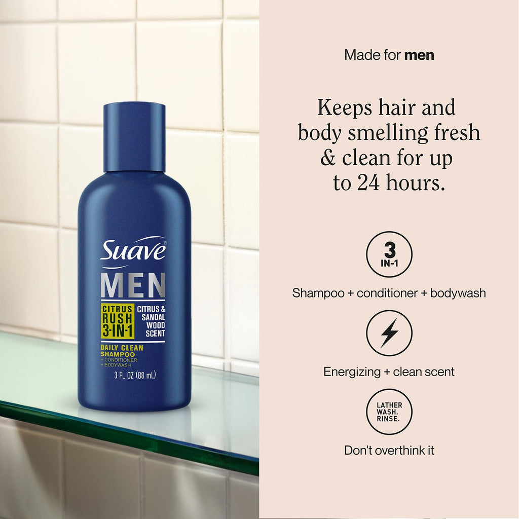 Suave Men 3-in-1 Shampoo, Conditioner & Body Wash – Travel-Size Citrus Rush (6-Pack)