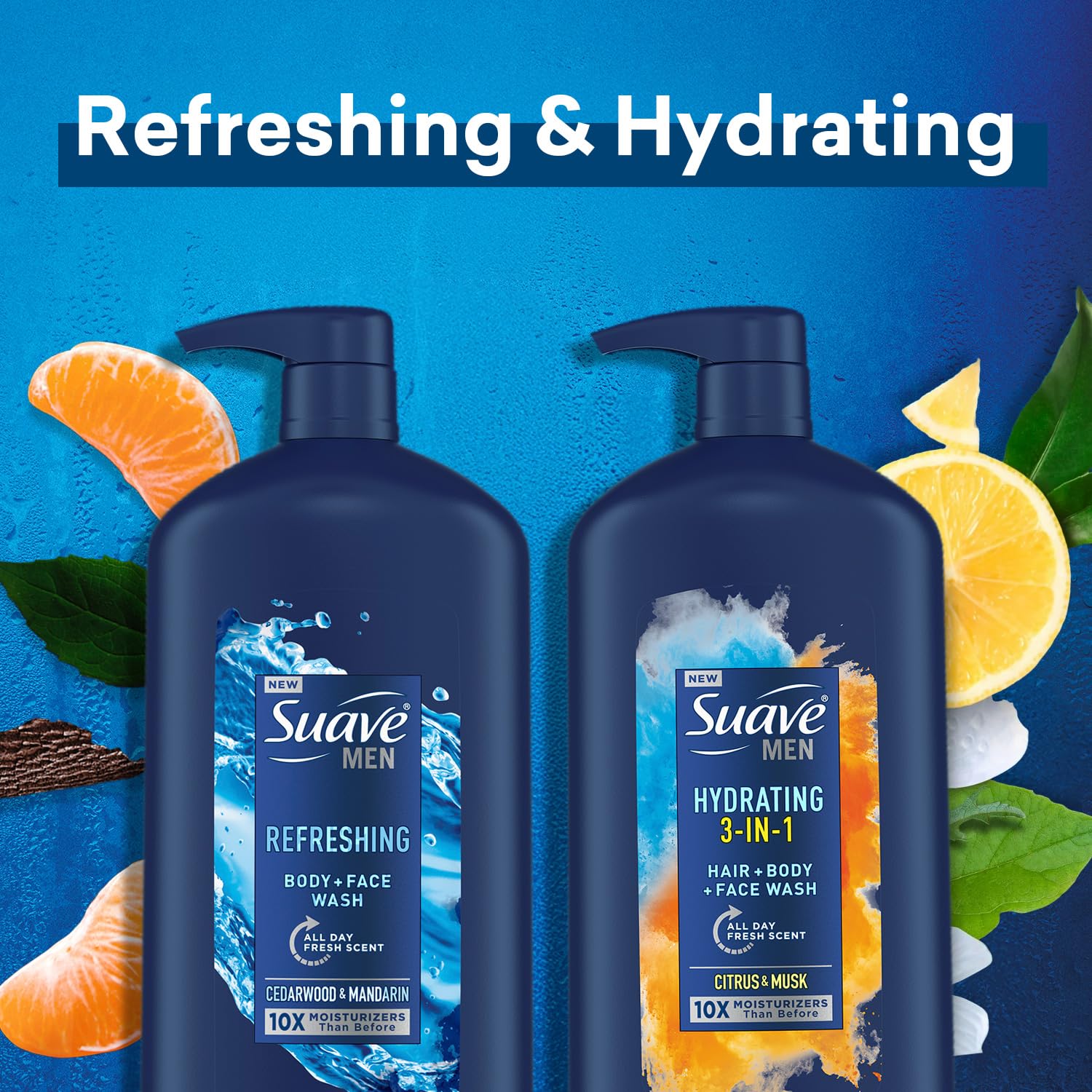 Suave Men Shower Essentials Variety 3-Pack – Hydrating 3-in-1 Hair + Body + Face Wash & Refreshing Body + Face Wash, 30 Oz Each