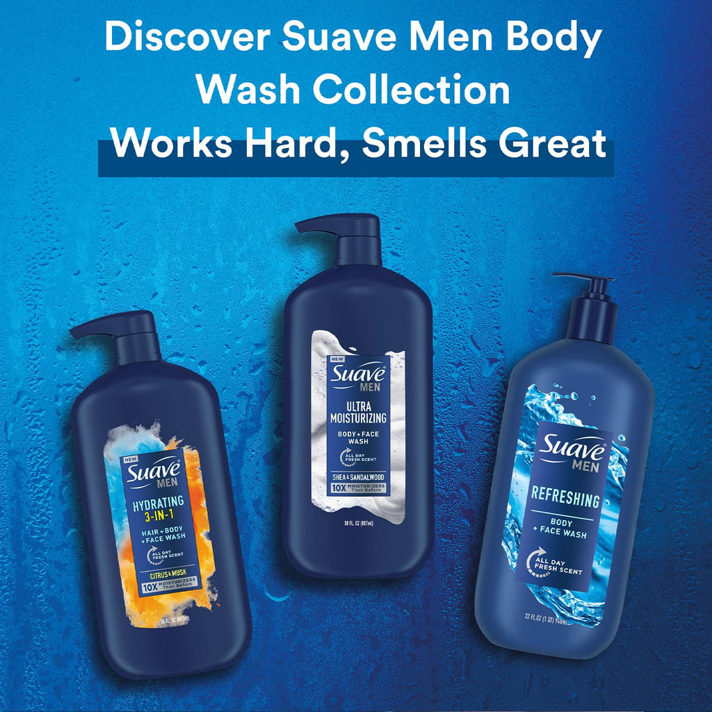 Suave Men Shower Essentials Variety 3-Pack – Hydrating 3-in-1 Hair + Body + Face Wash & Refreshing Body + Face Wash, 30 Oz Each