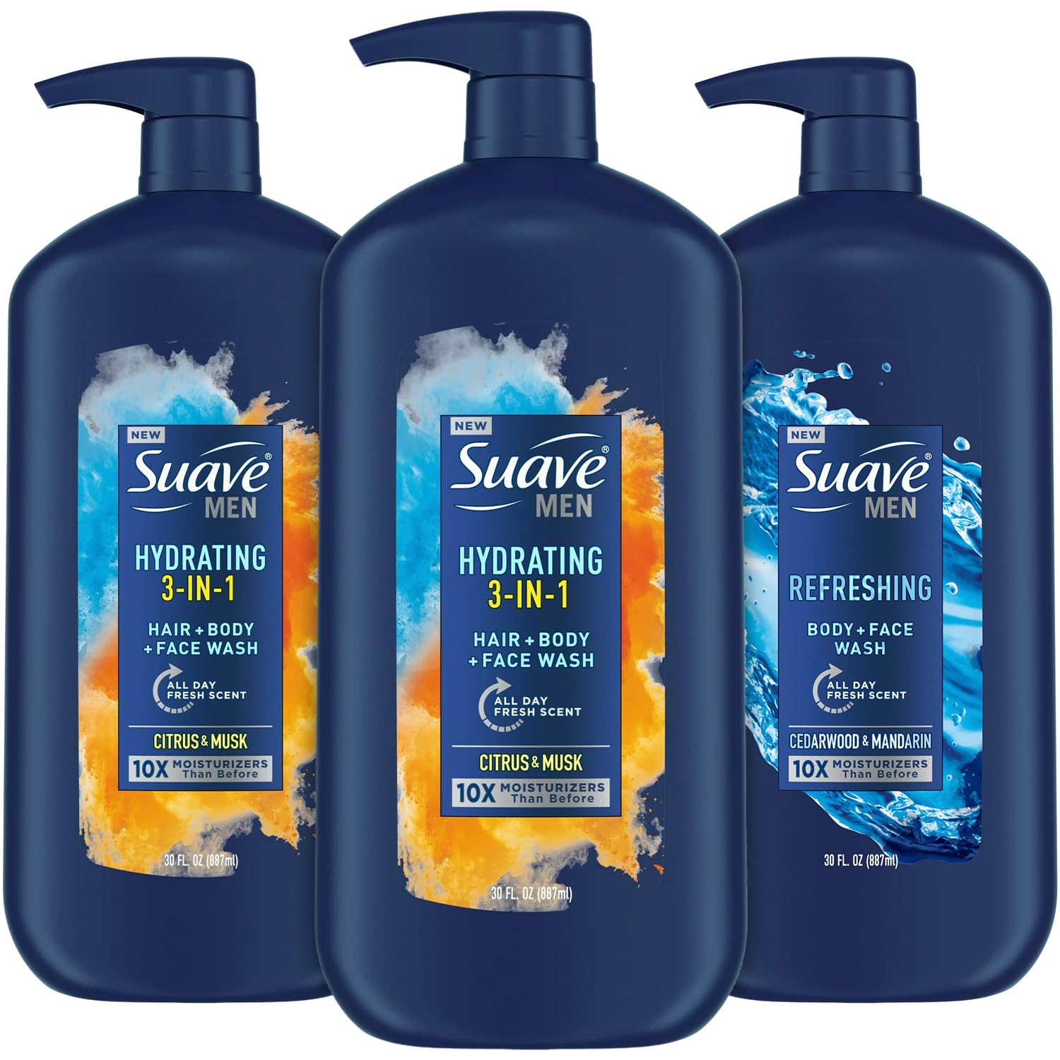 Suave Men Shower Essentials Variety 3-Pack – Hydrating 3-in-1 Hair + Body + Face Wash & Refreshing Body + Face Wash, 30 Oz Each