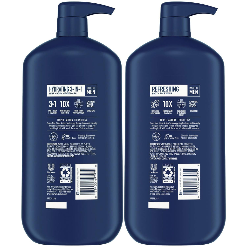 Suave Men Shower Essentials Variety 3-Pack – Hydrating 3-in-1 Hair + Body + Face Wash & Refreshing Body + Face Wash, 30 Oz Each
