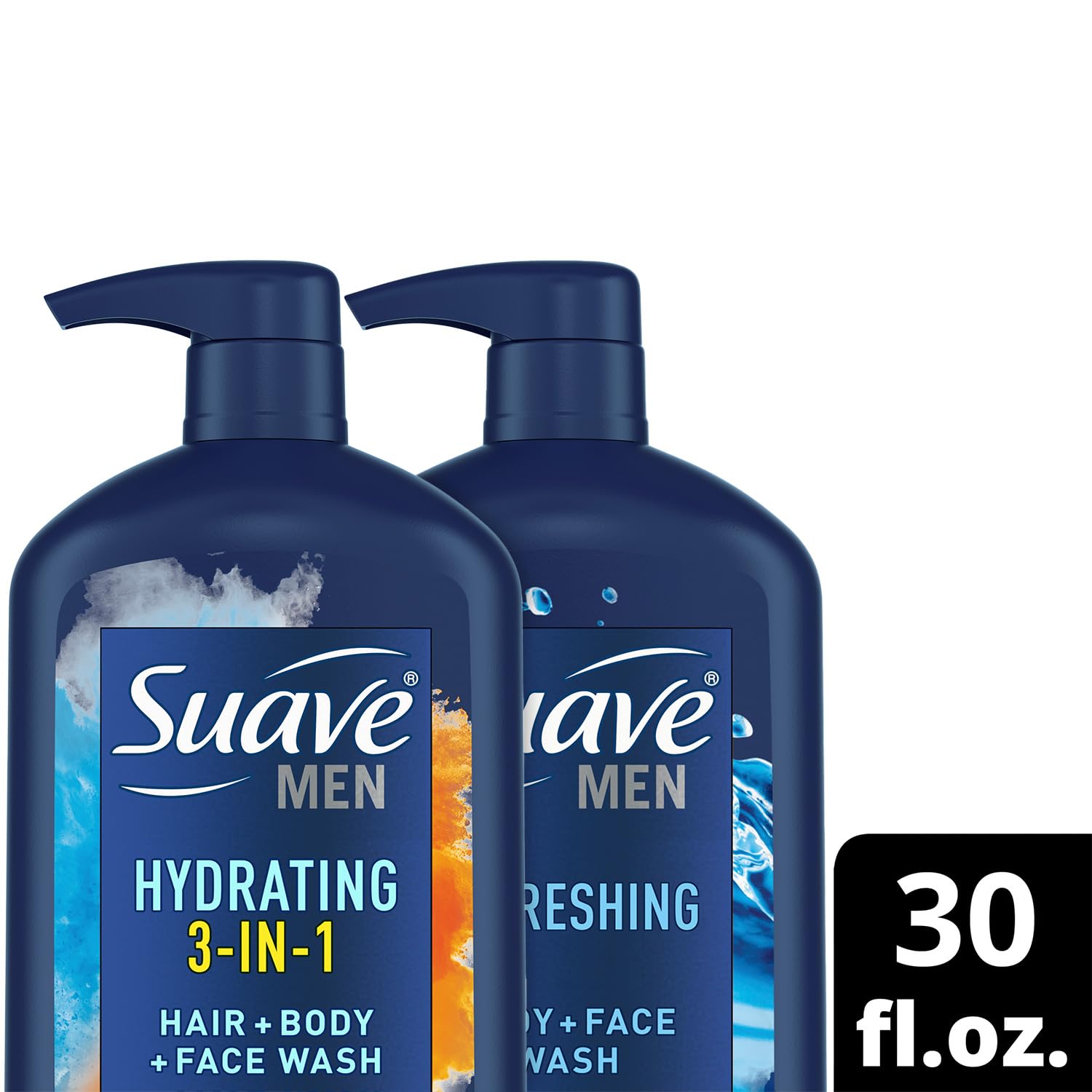 Suave Men Shower Essentials Variety 3-Pack – Hydrating 3-in-1 Hair + Body + Face Wash & Refreshing Body + Face Wash, 30 Oz Each