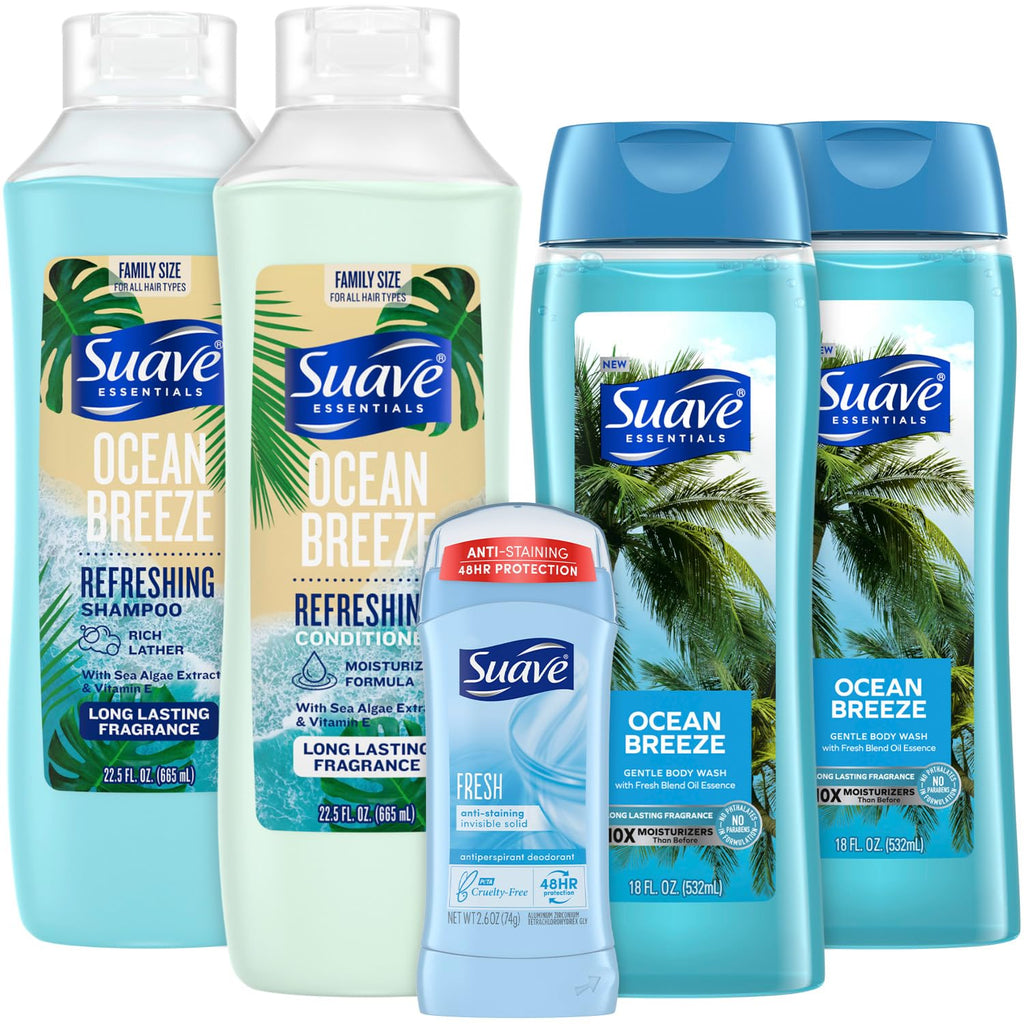 Suave Ocean Breeze 5-Piece Set — Body Wash 2-Pack, Shampoo & Conditioner, Deodorant for Women