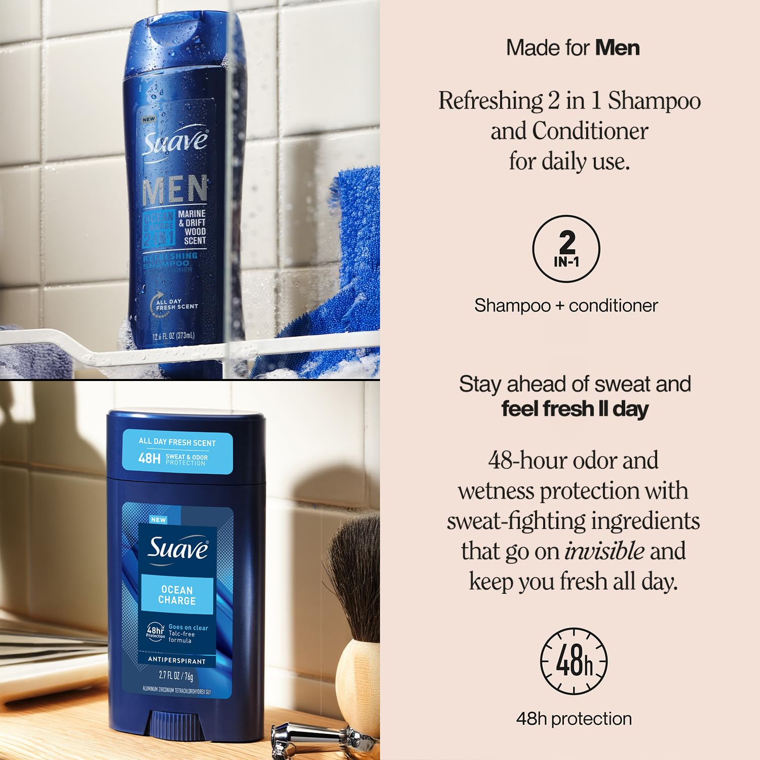 Suave Men Ocean Charge 2-in-1 Shampoo & Conditioner + Antiperspirant Deodorant Set – Ocean Charge