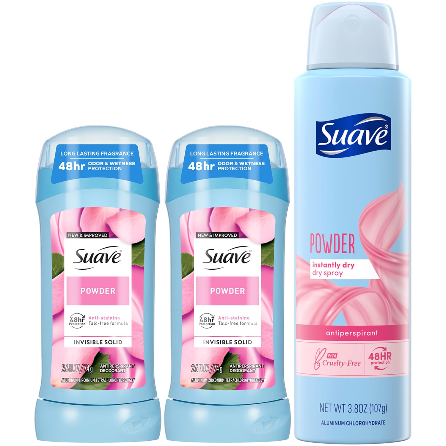 Suave Powder Deodorant Sticks 2-Pack + Dry Spray for Women – 48H Sweat & Odor Protection, Anti-Staining, Talc-Free