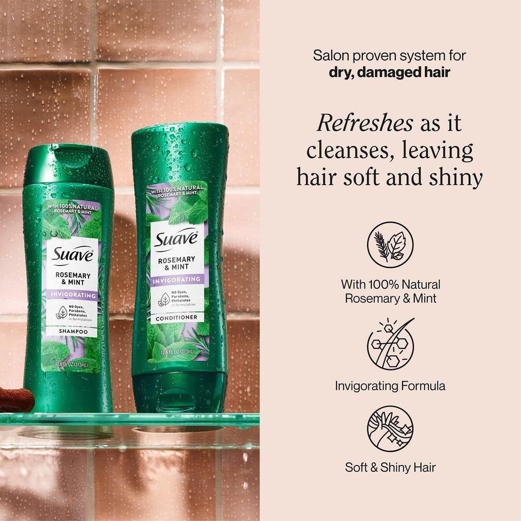 Suave Shampoo and Conditioner, Rosemary & Mint – Invigorating Formula with 100% Natural Essential Oils, 12.6 Oz Ea