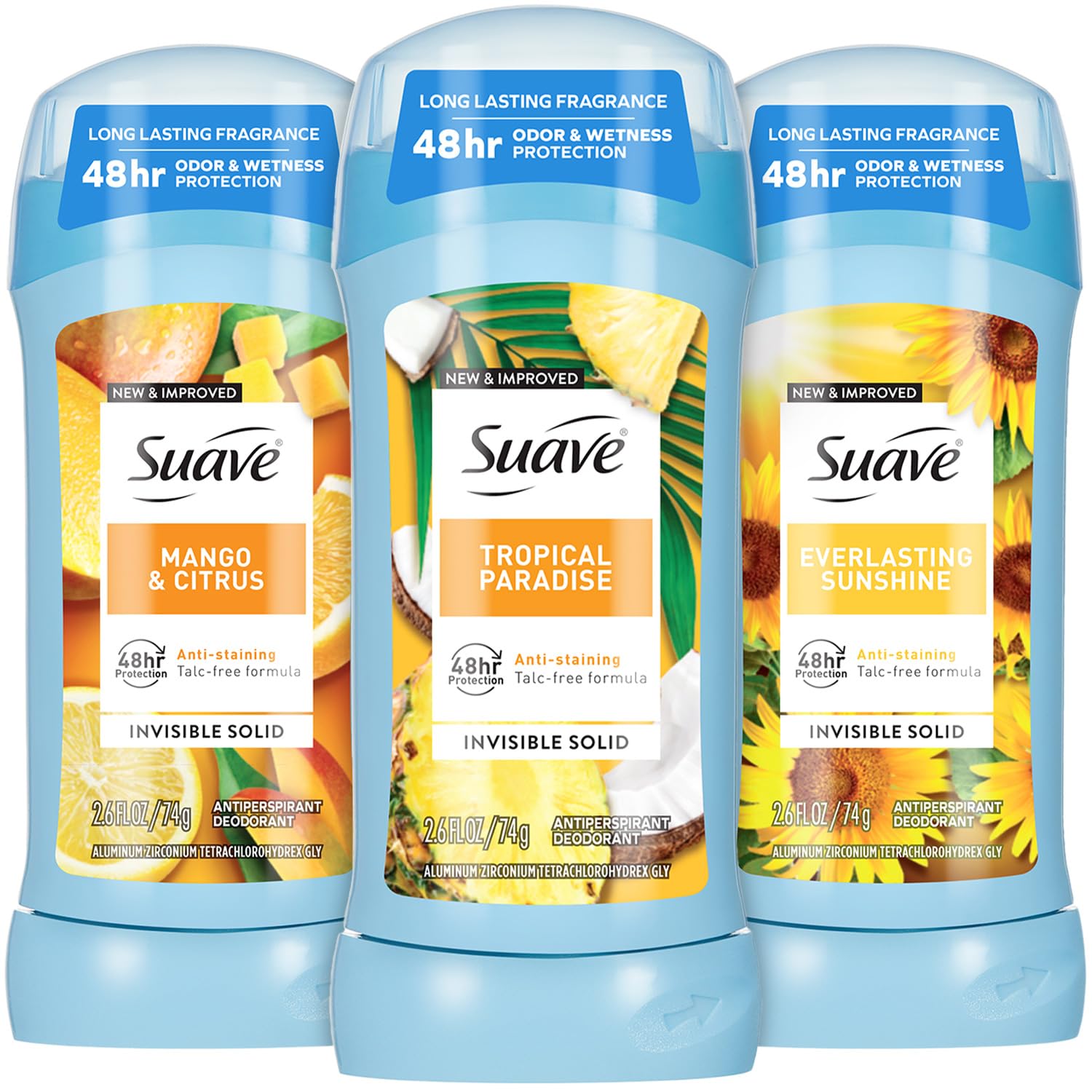 Suave Antiperspirant Deodorant 3-Pack – Tropical Paradise, Mango & Citrus, Everlasting Sunshine