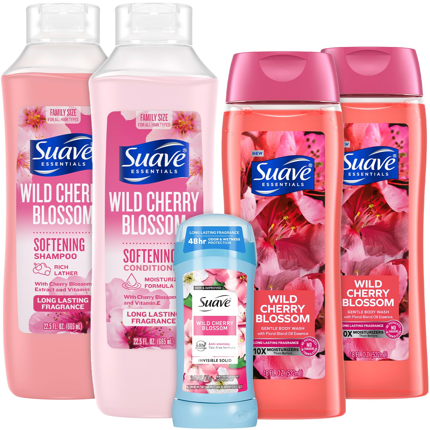 Suave Shampoo, Conditioner & Body Wash 2-Pack + Invisible Solid Deodorant – Wild Cherry Blossom