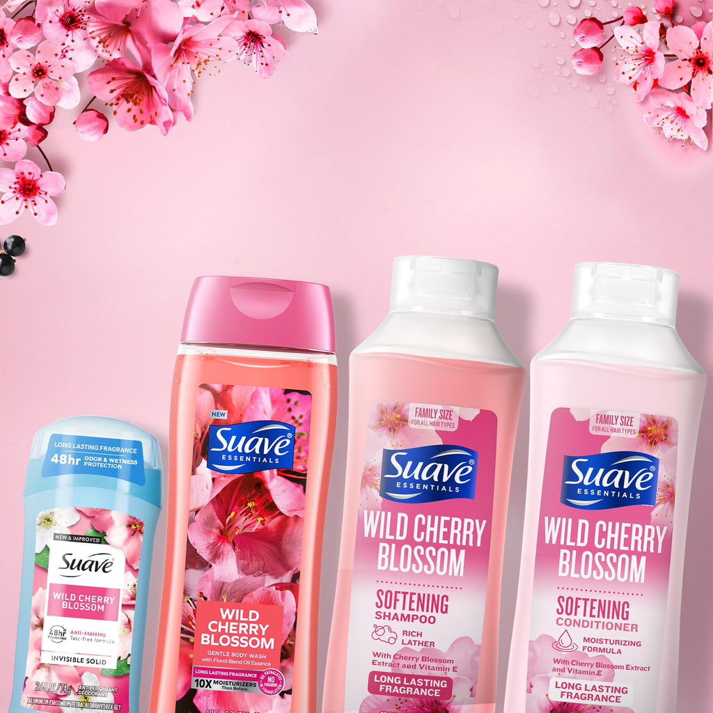 Suave Shampoo, Conditioner & Body Wash 2-Pack + Invisible Solid Deodorant – Wild Cherry Blossom