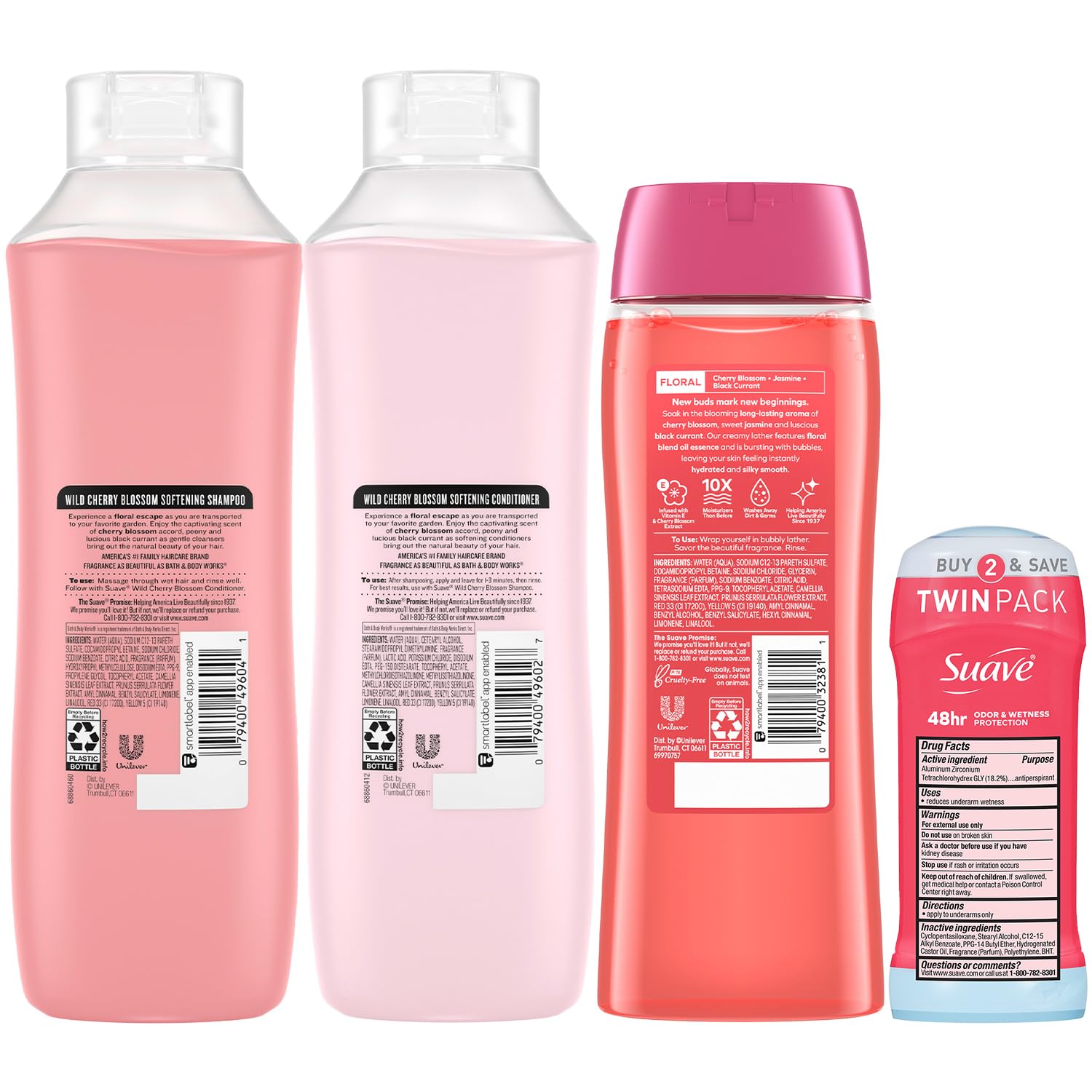 Suave Shampoo, Conditioner & Body Wash 2-Pack + Invisible Solid Deodorant – Wild Cherry Blossom
