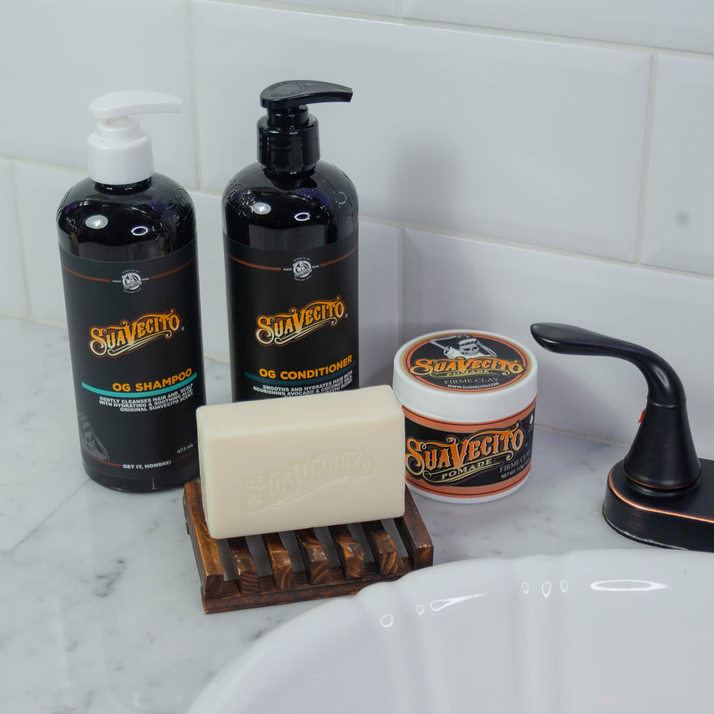 Suavecito Hair & Body Essentials Bundle | Firme Clay Pomade, Body Soap, Hydrating Shampoo & Nourishing Conditioner