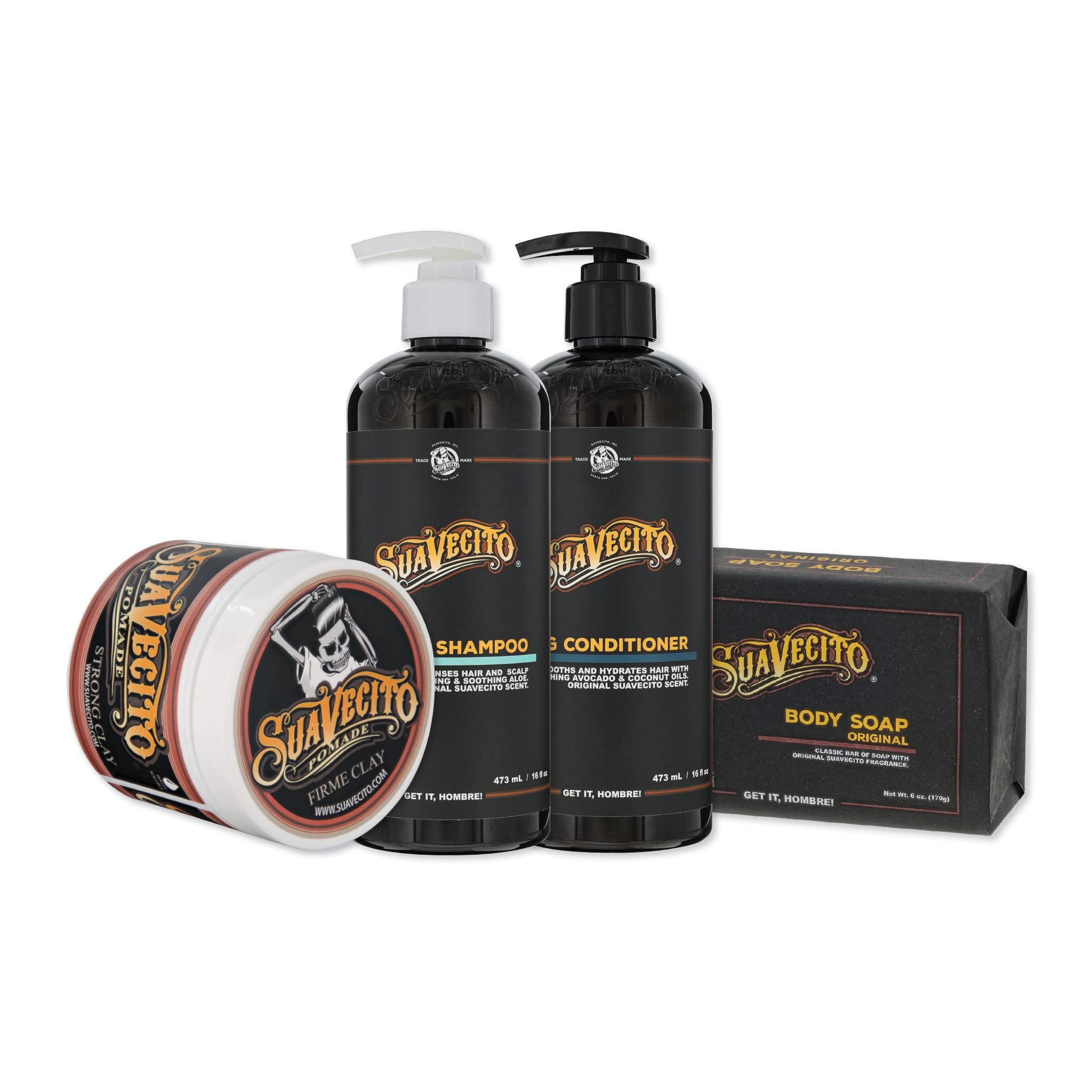 Suavecito Hair & Body Essentials Bundle | Firme Clay Pomade, Body Soap, Hydrating Shampoo & Nourishing Conditioner